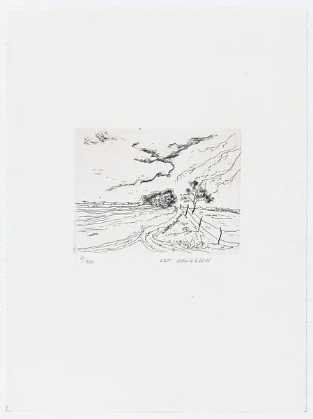 Landscape with an open field, two trees in the background, and bare branches at right in the foreground, from 'Pictures from my hand' (Bilder från min hand) — CBS Grafik|Ulf Eriksson