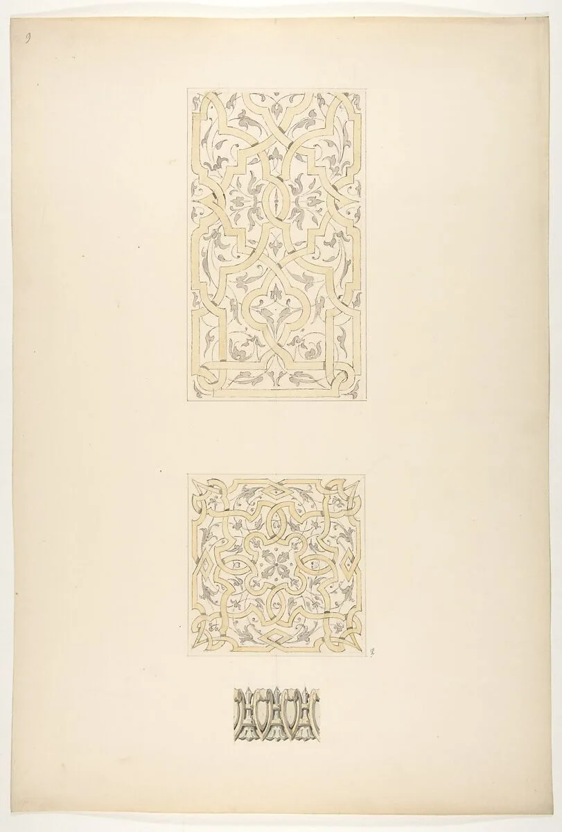 Three designs for decorative motifs in strapwork, rinceaux, and egg-and-dart patterns — Jules-Edmond-Charles Lachaise|Eugène-Pierre Gourdet