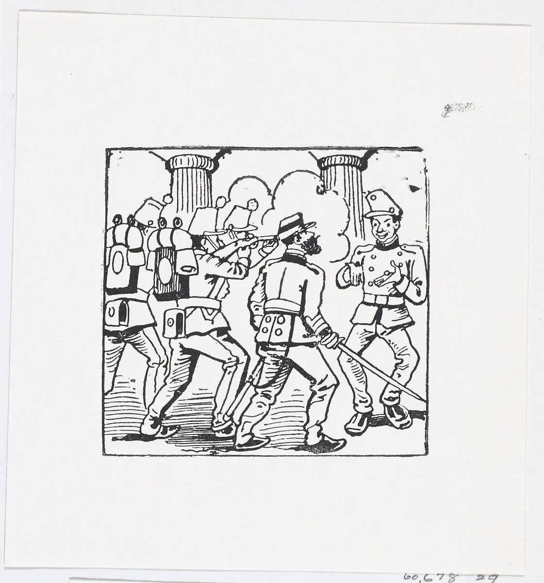A standoff between an unarmed soldier and a group of armed soldiers — José Sanchez|José Guadalupe Posada