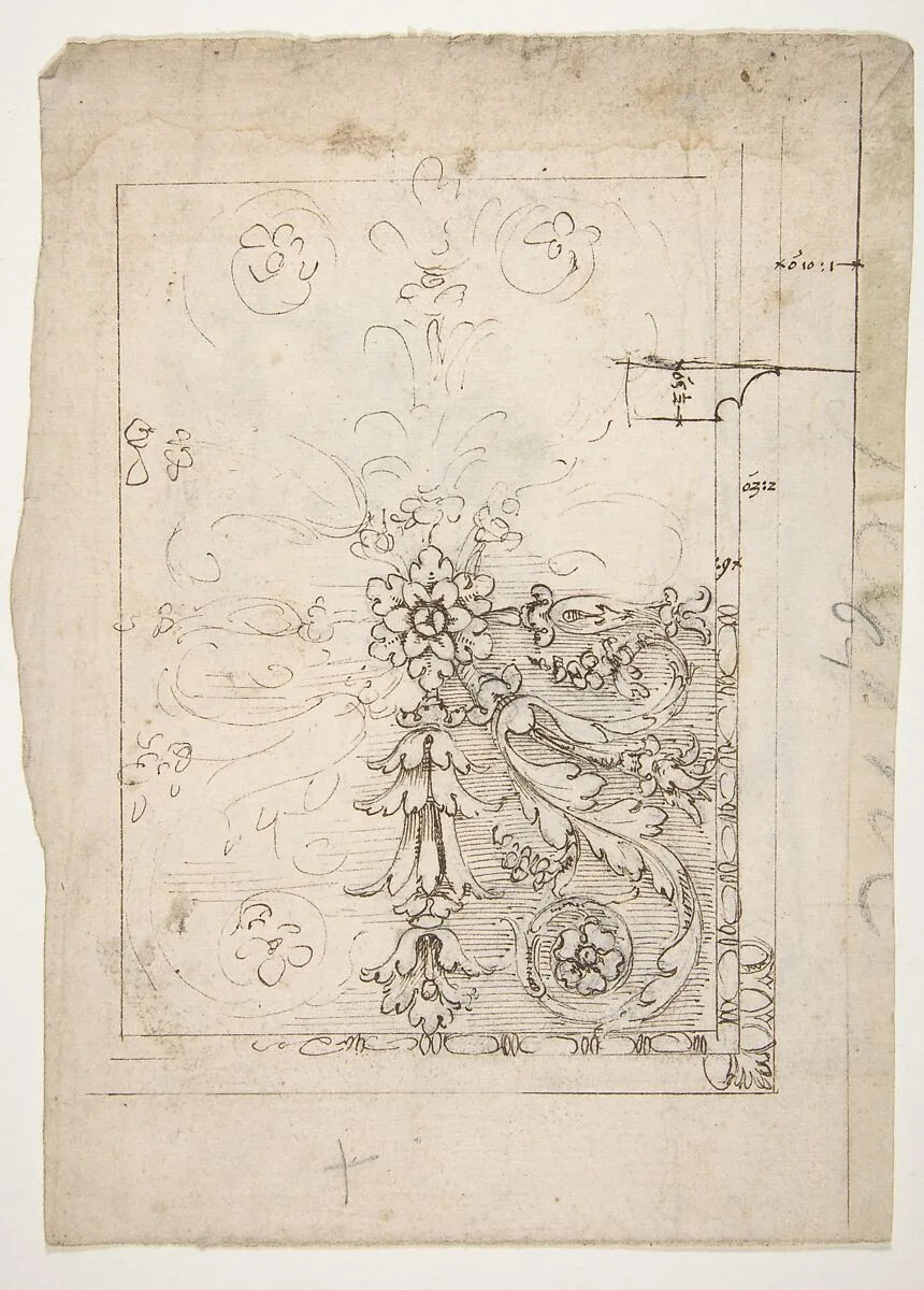 Temple of Castor and Pollux, soffit panel, ceiling plan (recto) Unidentified, stucco or fresco, details (verso) — Anonymous, French, 16th century