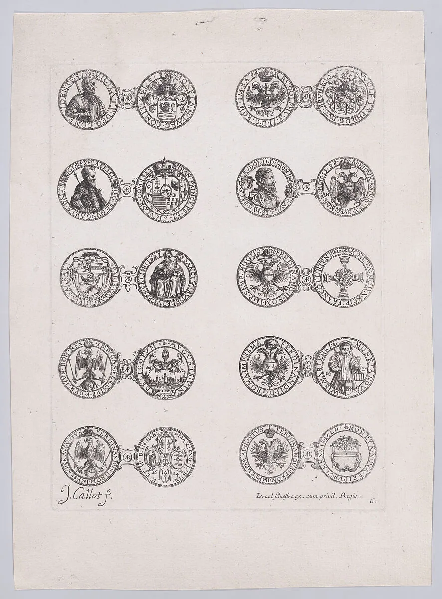 6th Plate, Featuring 10 Coins Issued by European Princes in the 16th and 17th centuries, from Les Monnaies (The Currencies) — Jacques Callot|Israel Silvestre