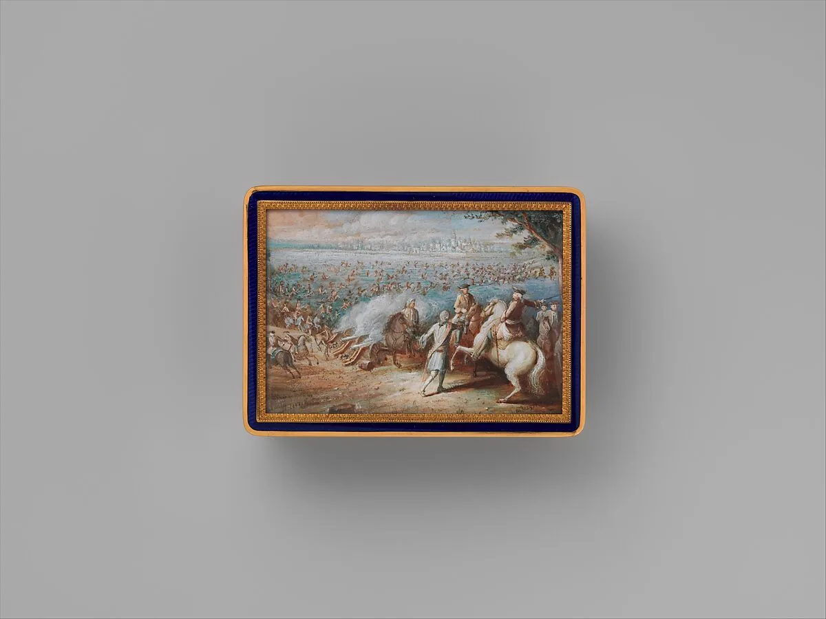 Snuffbox with four maritime scenes; Louis XIV crossing the Rhine in 1672 — Adrien Jean Maximilien Vachette|Henri Joseph van Blarenberghe