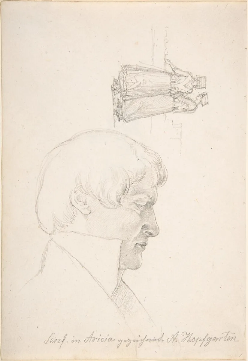 Study Sheet with a Portrait of Carl Julius Senff and Two Italian Women Walking — August Ferdinand Hopfgarten|Carl Julius Senff