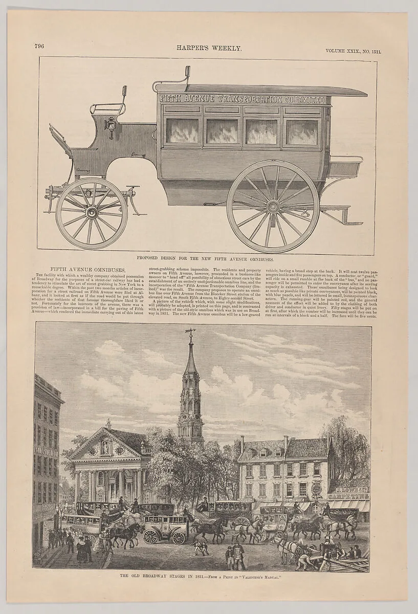 Fifth Avenue Omnibuses: Proposed Design for the New Fifth Ave Omnibus & The Old Broadway Stages in 1831 (from "Harper's Weekly," December 5, 1885) — Harper's Weekly