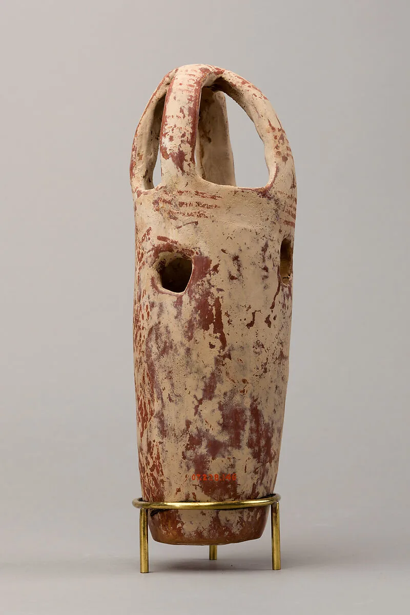Censer? with floral design in red paint on white background — Unknown