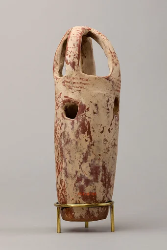 Censer? with floral design in red paint on white background