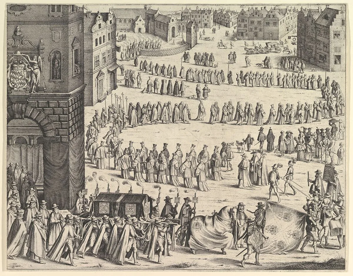 Funeral of General Johan Baptiste von Taxis (from Jules Chifflet, "Les marques d'honneur de la Maison de Tassis," Antwerp, 1645) — Johann Baptista von Taxis|Wenceslaus Hollar|Nicolaas van der Horst|Jules Chifflet