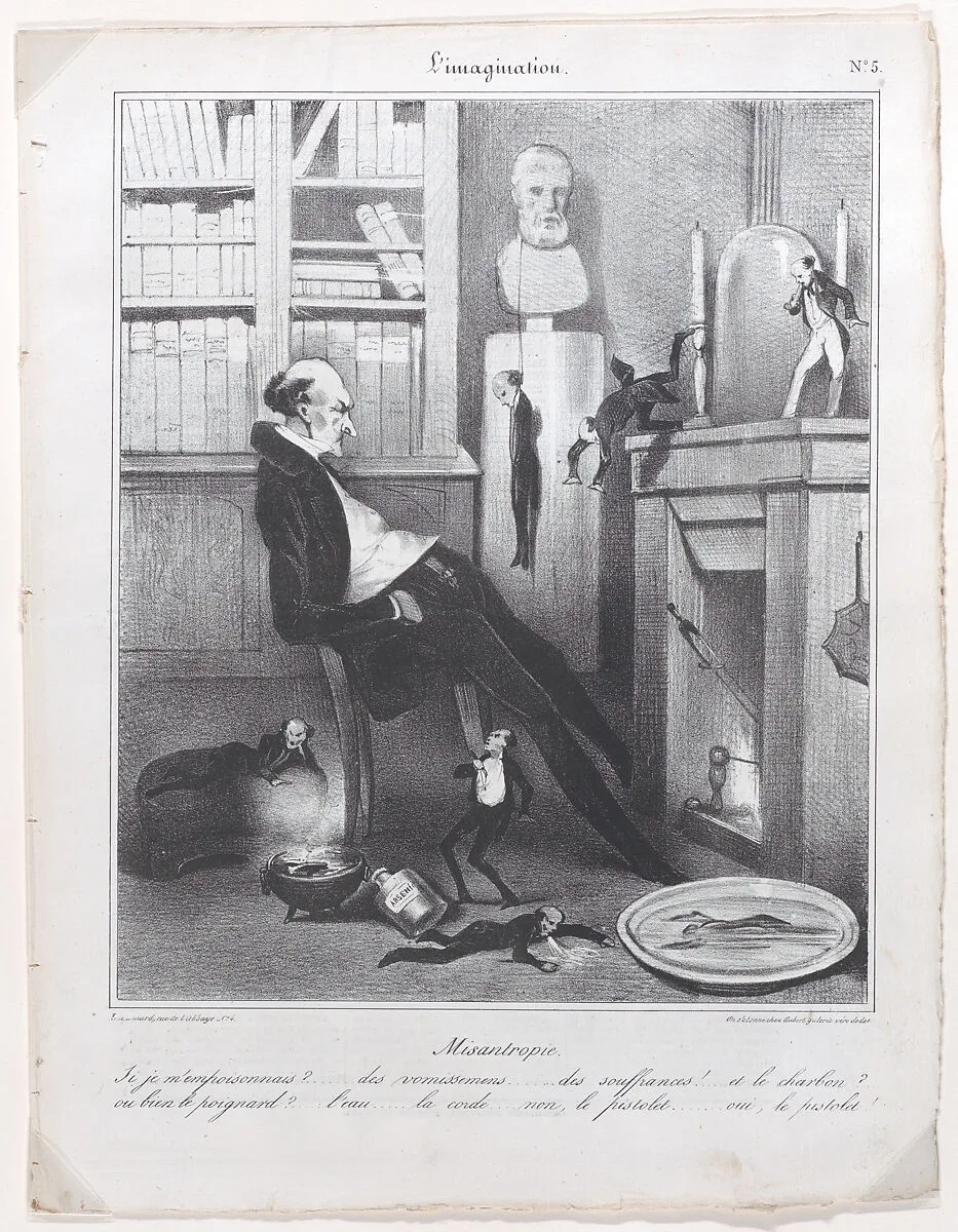 The Misanthropist (Misantropie)..., from L'imagination, published in Le Charivari, February 10, 1833 — Honoré Daumier|Aubert et Cie|Benard