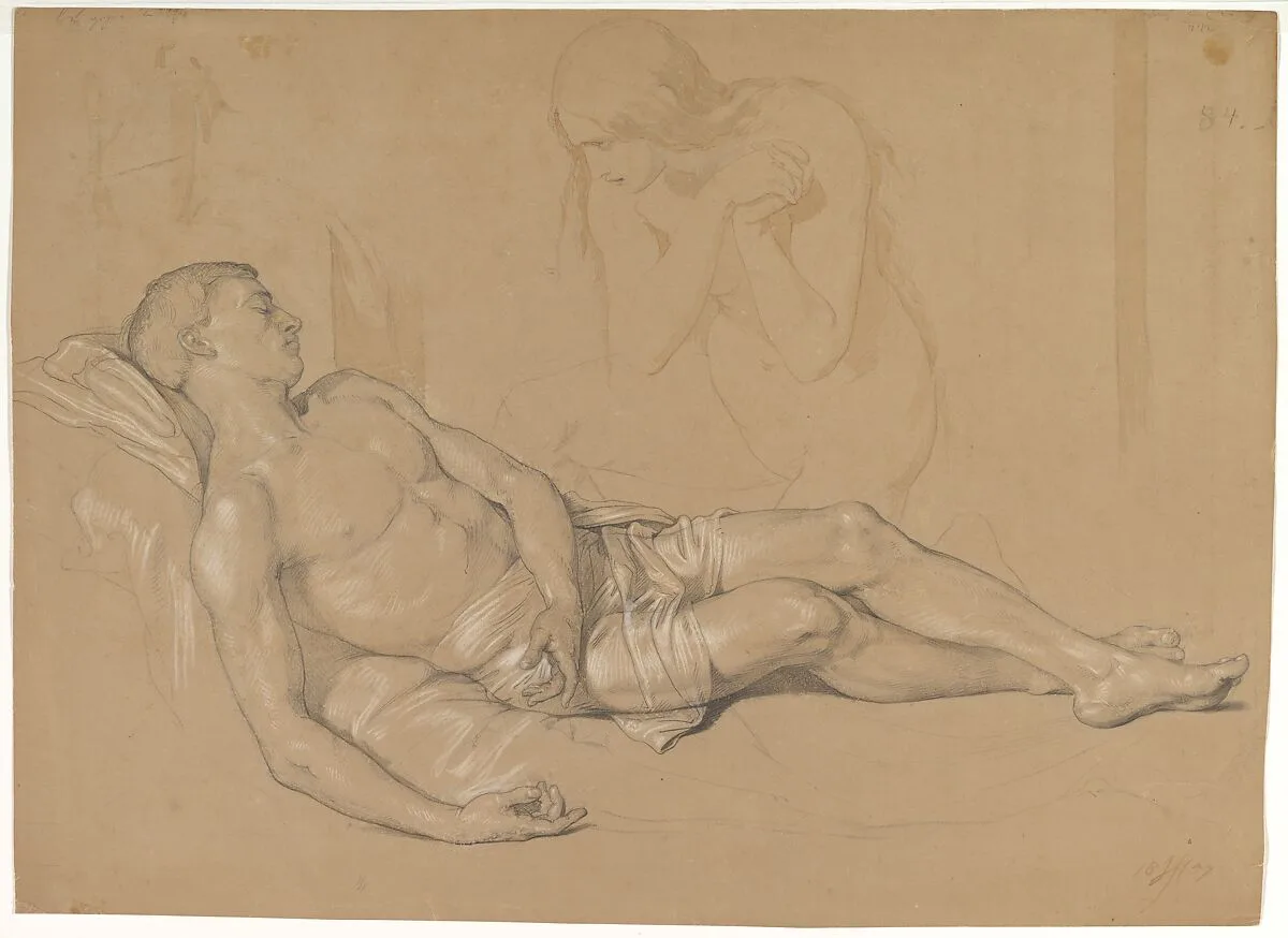 A Nude Woman Kneeling at the side of a Reclining Man (Study for Mary Magdalen Lamenting Christ) — Julius Hübner