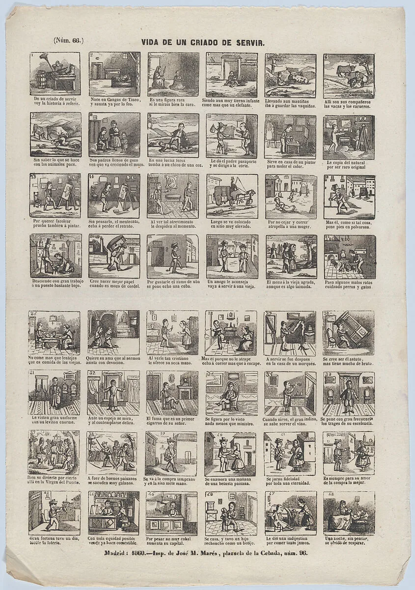 Broadside with 48 scenes from the life of a male servant — José María Marés
