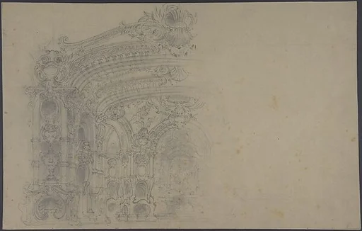Stage Set Design: Left Half of Elaborate Baroque-Rococo Style Proscenium Opening; Verso: Several Sketches of Name Plaques and Wreaths, framed by Swags, with names "Verdi" and "Aida"