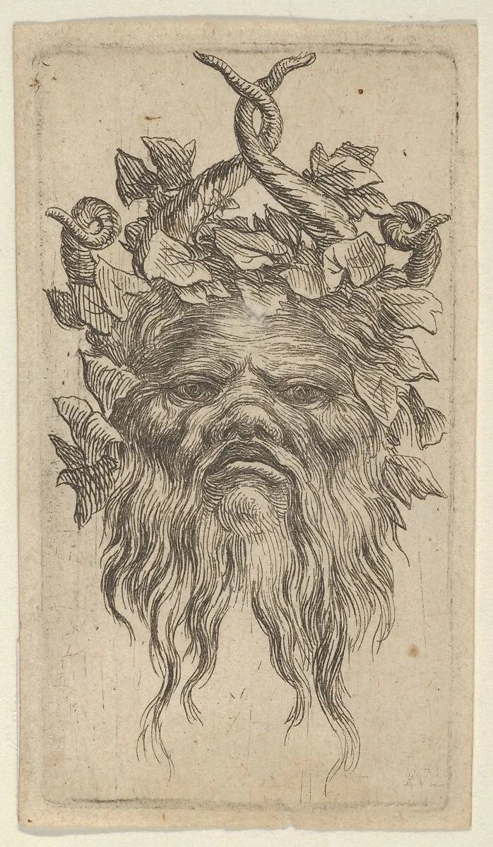 Satyr Mask with Hooked Horns and an Ivy Wreath, from Divers Masques — François Chauveau|Jacques Van Merlen