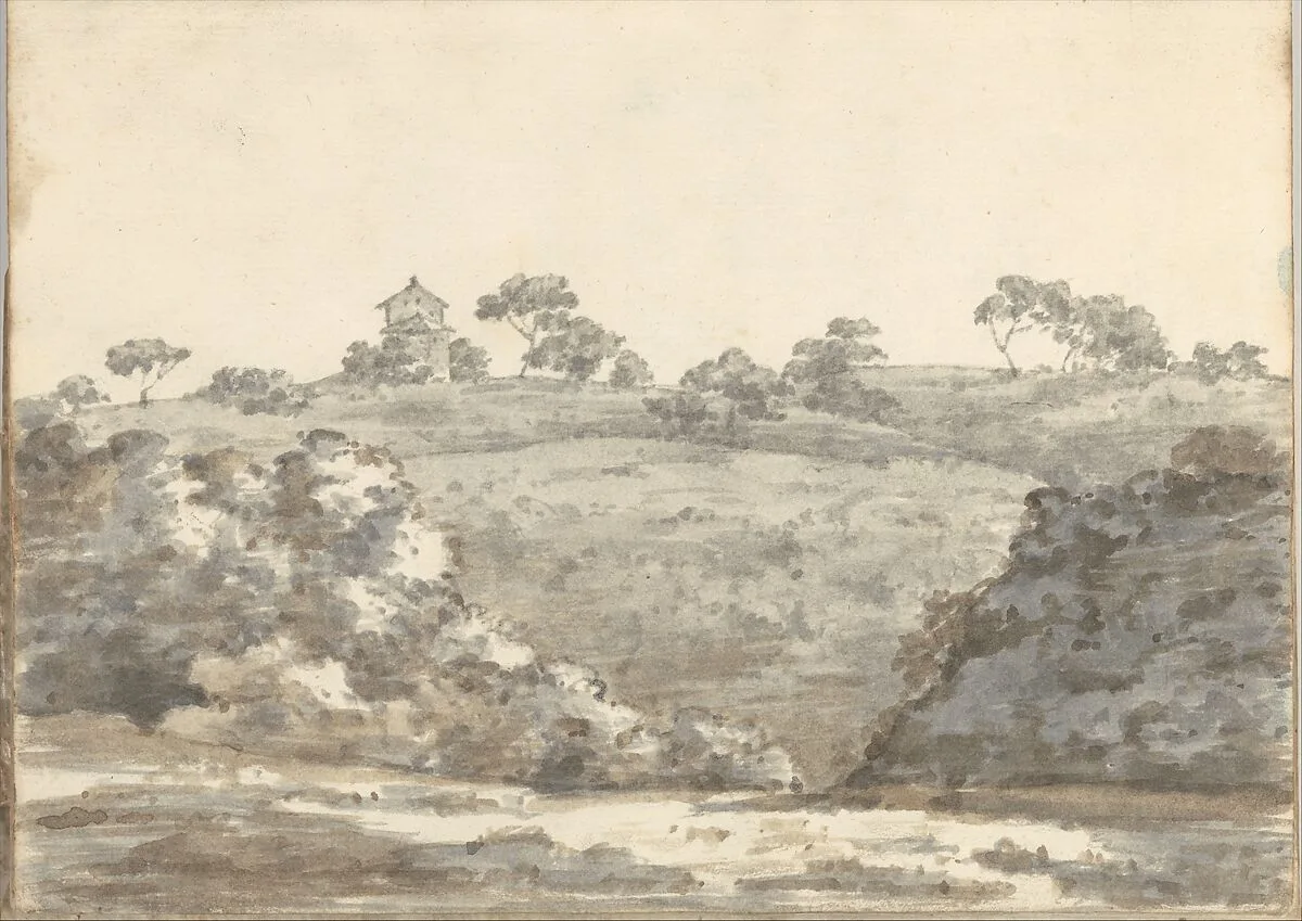 Landscape with a Two-Story Building on a Hill (Smaller Italian Sketchbook, leaf 29 recto) — Joseph Wright (Wright of Derby)
