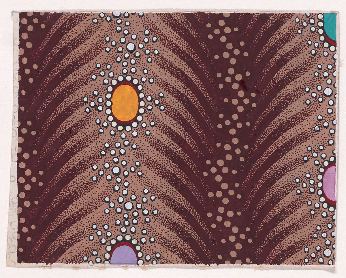 Textile Design with Vertical Undulating Garlands of Pearls and Ovals Framed with Pearls over Undulating Stylized Palm Leaves Separated by Undulating Garlands of Dots — Anonymous, Alsatian, 19th century