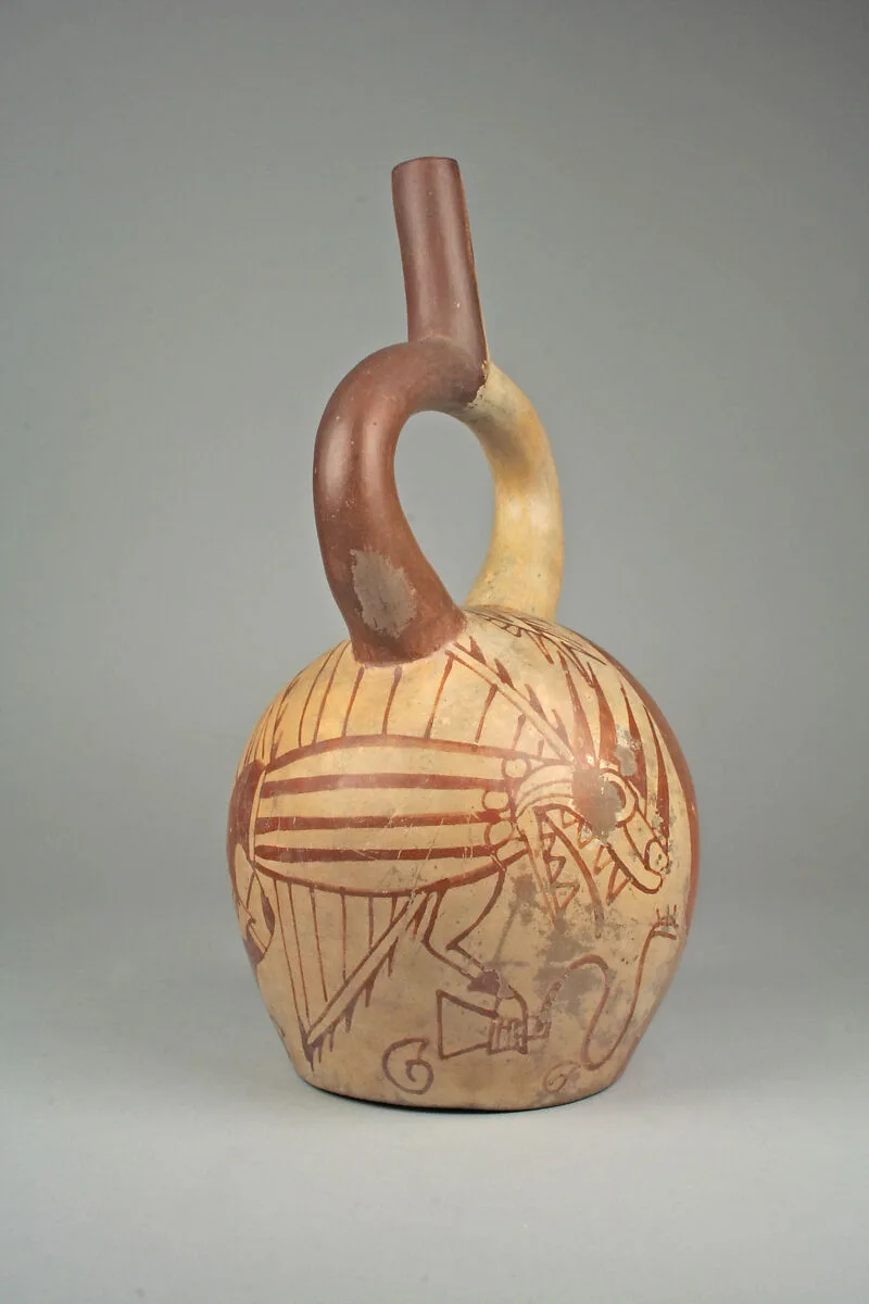 Stirrup spout bottle with fish demon and tumi — Unknown