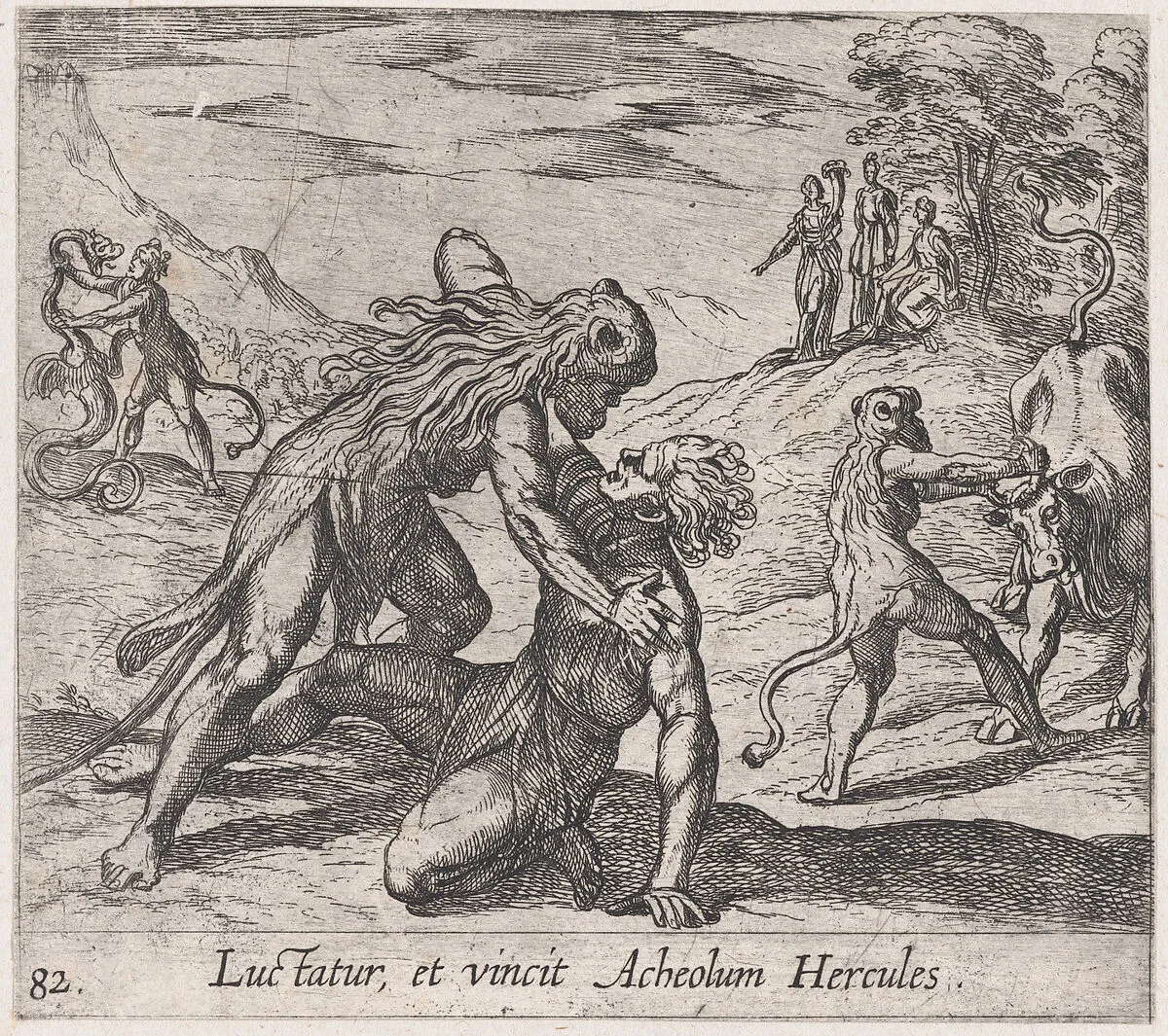 Plate 82: Hercules and Acheloüs (Luctatur, et vincit Acheolum Hercules), from Ovid's 'Metamorphoses' — Antonio Tempesta