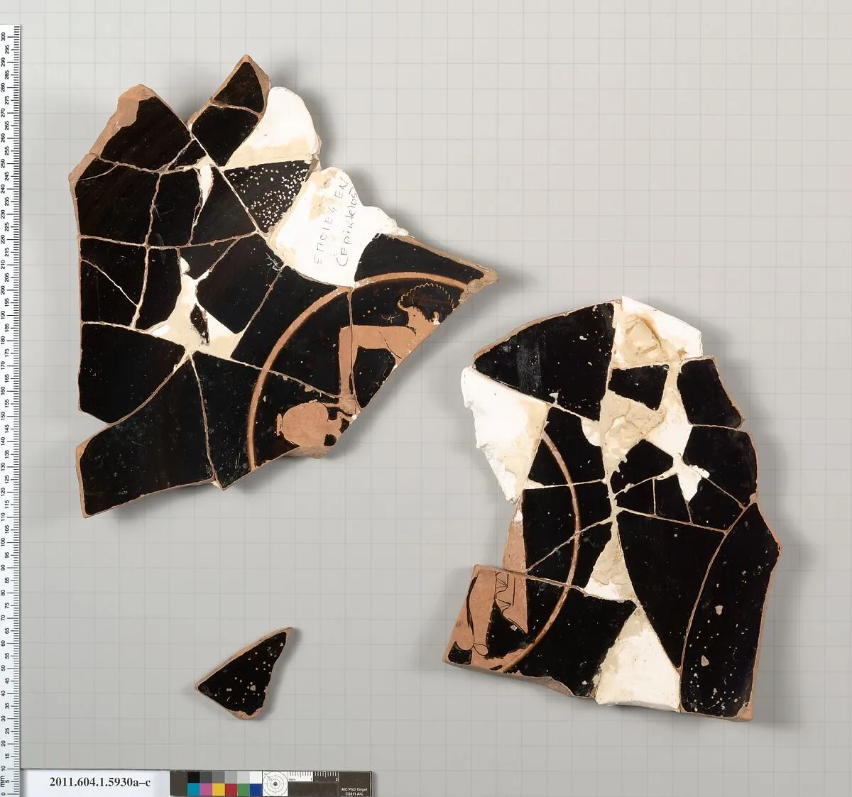 Terracotta fragments of a kylix (drinking cup) — Epiktetos