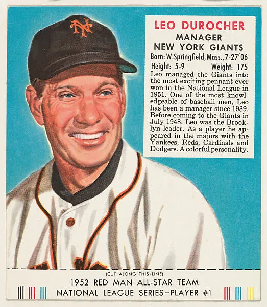 Leo Durocher, from the Red Man All-Star Team series (T232), issued by Red Man Chewing Tobacco — Red Man Chewing Tobacco