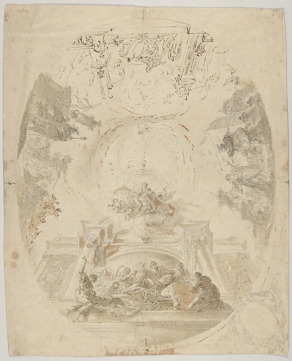 Design for a ceiling fresco with scenes from the life of Saint Barbara — Johann Baptist Enderle|Anonymous, German, 18th century