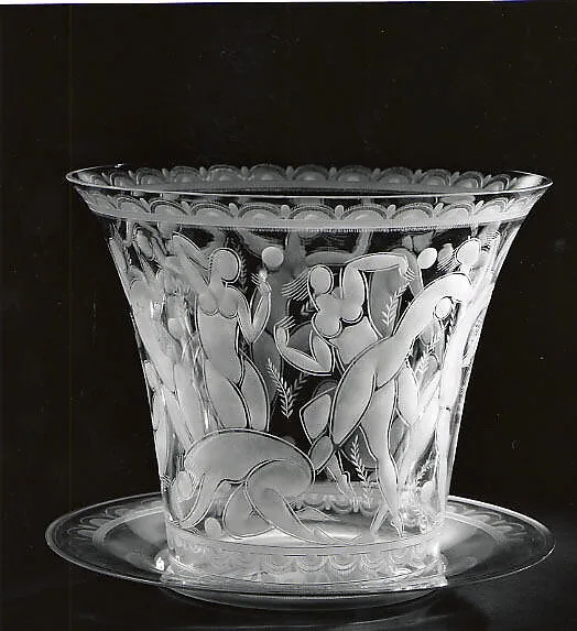 "Girls Playing Ball", Vase with Tray — Edward Hald|Orrefors Glasbruk