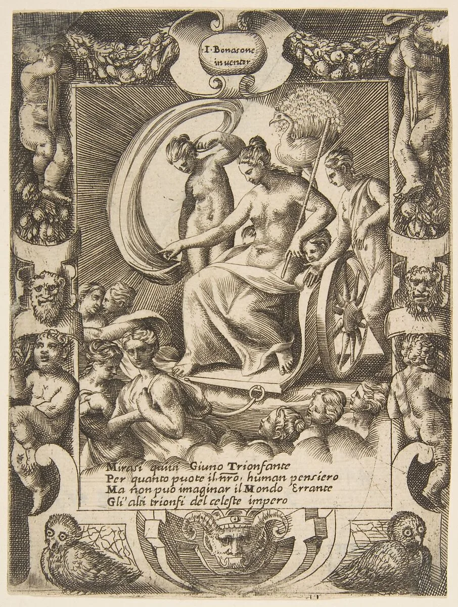 The triumph of Juno who is sat in a carriage, set within a elaborate frame, from "Loves, Rages and Jealousies of Juno" — Giulio Bonasone
