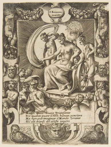 The triumph of Juno who is sat in a carriage, set within a elaborate frame, from "Loves, Rages and Jealousies of Juno"
