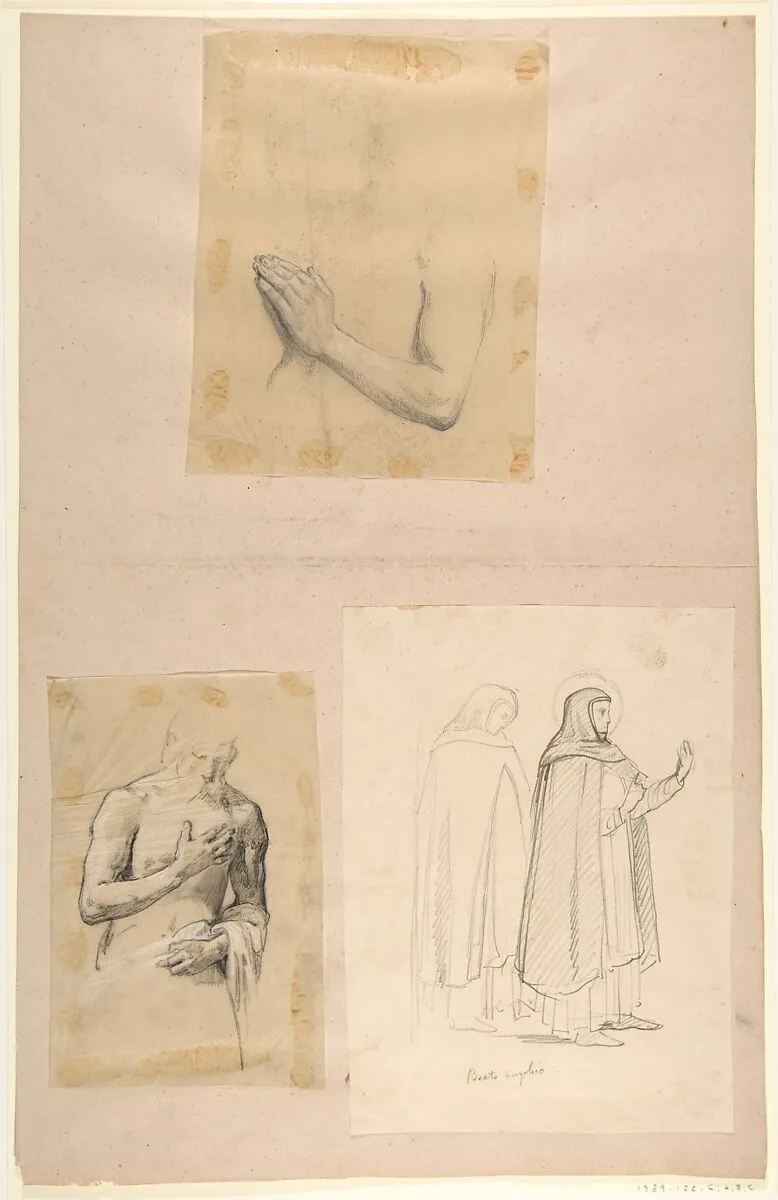 a. Study for Clovis (middle register); b. Study for Clovis (middle register); c. St. Dominic and another Friar, after Fra Angelico; (studies for wall paintings in the Chapel of Saint Remi, Sainte-Clotilde, Paris, 1858) — Isidore Pils