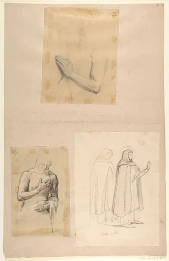 a. Study for Clovis (middle register); b. Study for Clovis (middle register); c. St. Dominic and another Friar, after Fra Angelico; (studies for wall paintings in the Chapel of Saint Remi, Sainte-Clotilde, Paris, 1858)
