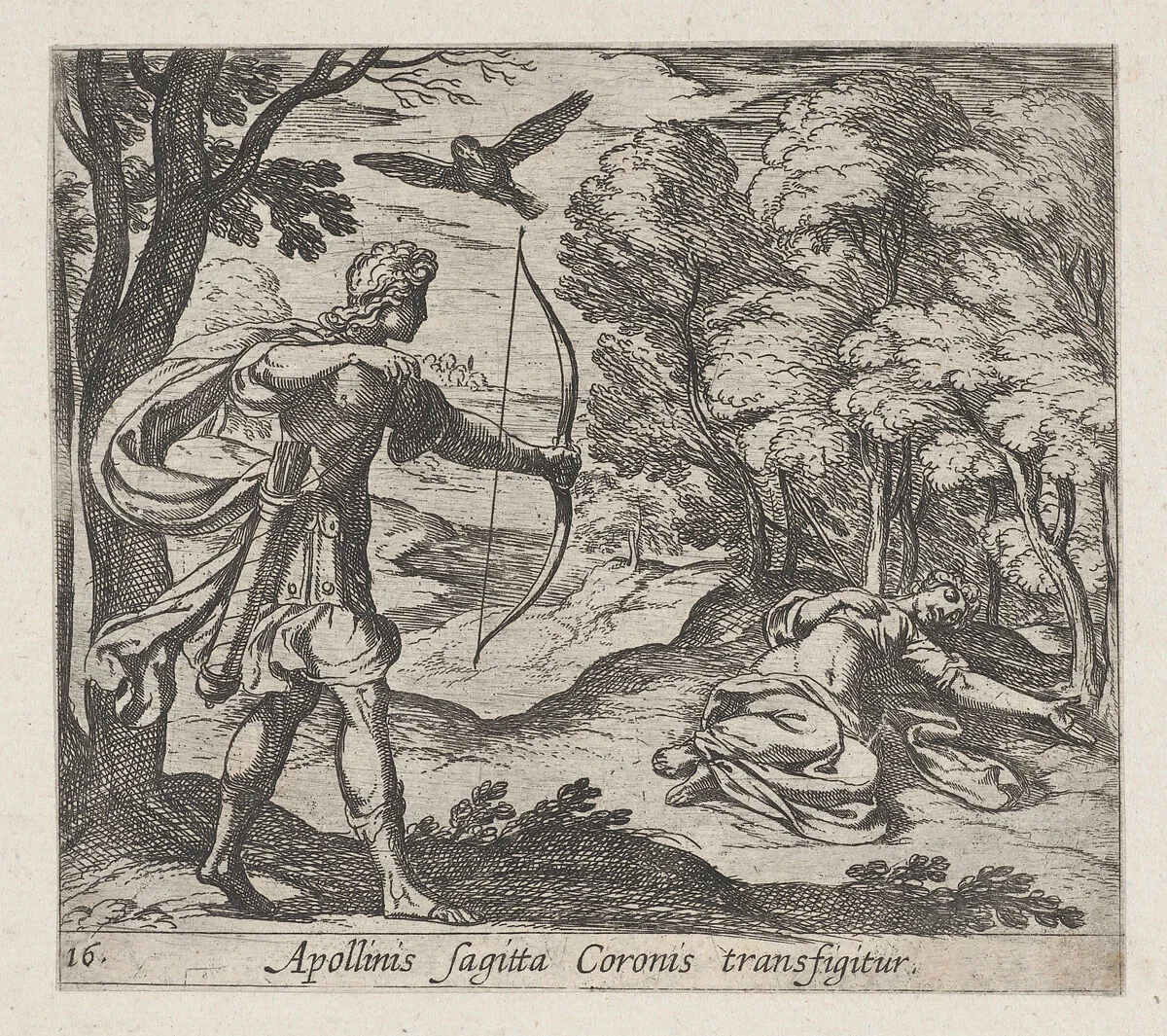 Plate 16: Apollo Killing Coronis (Appolinis sagitta Coronis transfigitur), from Ovid's 'Metamorphoses' — Antonio Tempesta