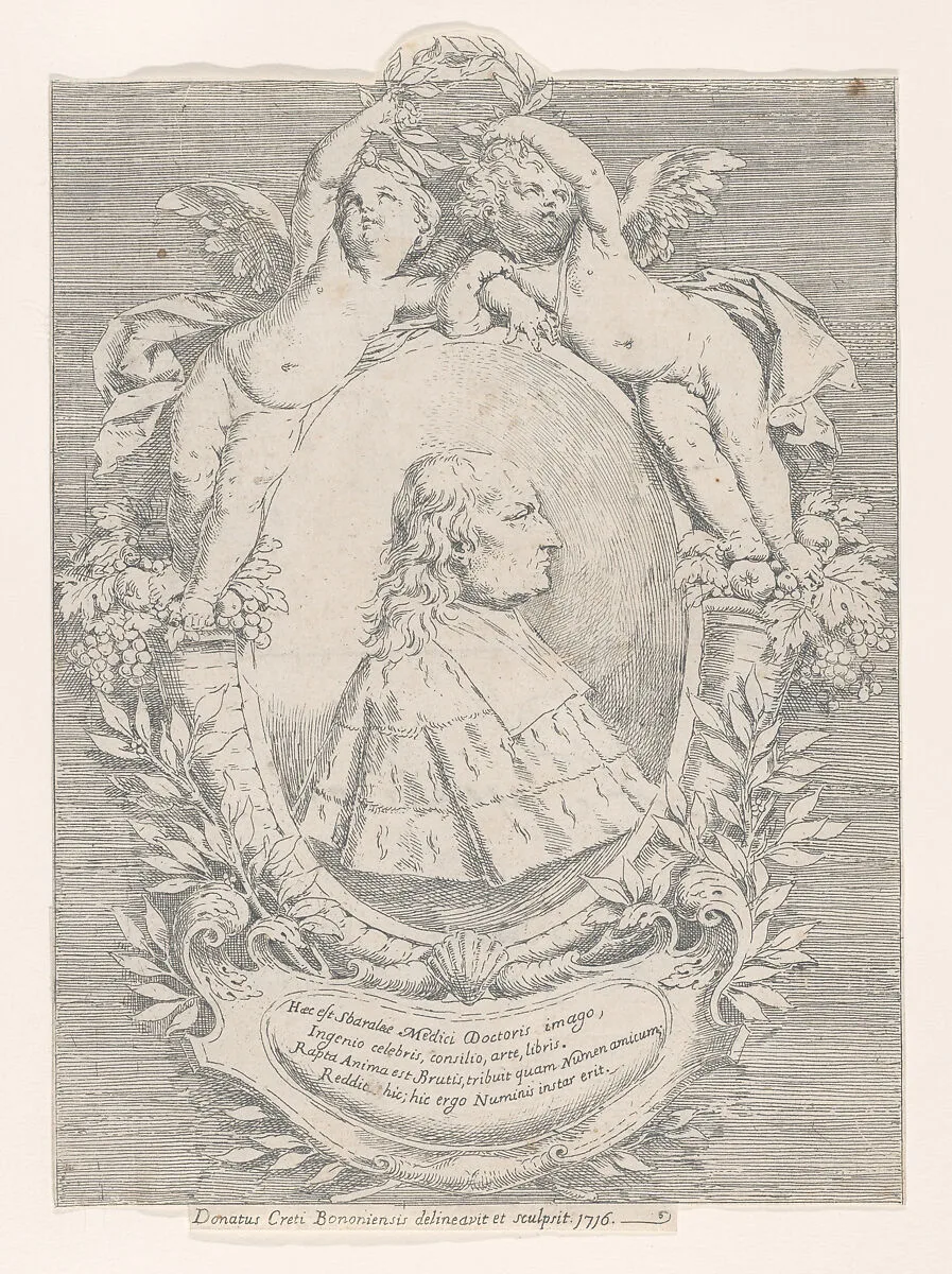 Portrait of Giovanni Girolamo Sbaraglia, within an oval flanked by two putti on cornucopias, with a cartouche below — Donato Creti|Giovanni Girolamo Sbaraglia