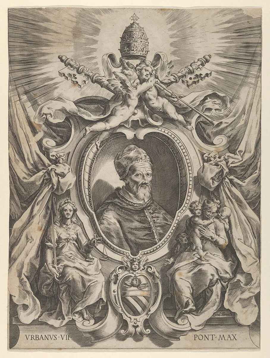 Portrait of Pope Urban VII in a decorative border — Cherubino Alberti (Zaccaria Mattia)
