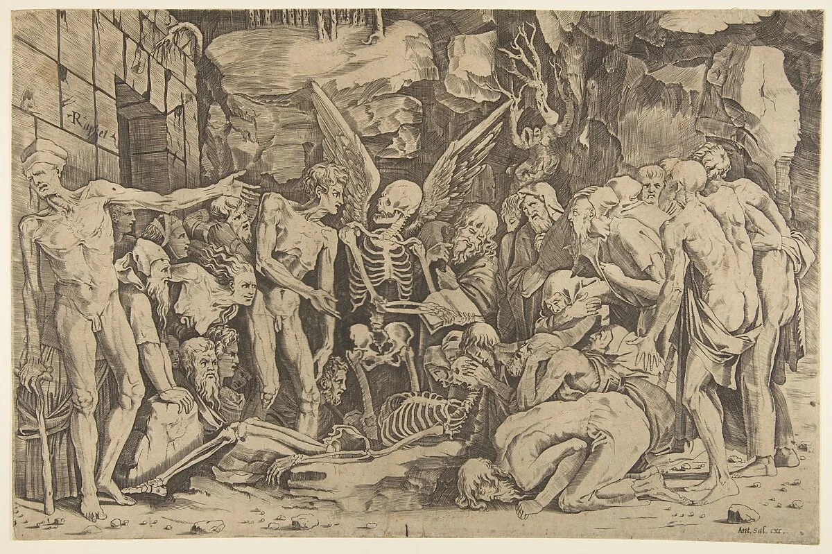 The Skeletons, a group of emaciated men and women gathered around a skeleton laid on the ground and a figure of Death as a winged skeleton standing above it holding an open book — Marco Dente|Baccio Bandinelli|Antonio Salamanca