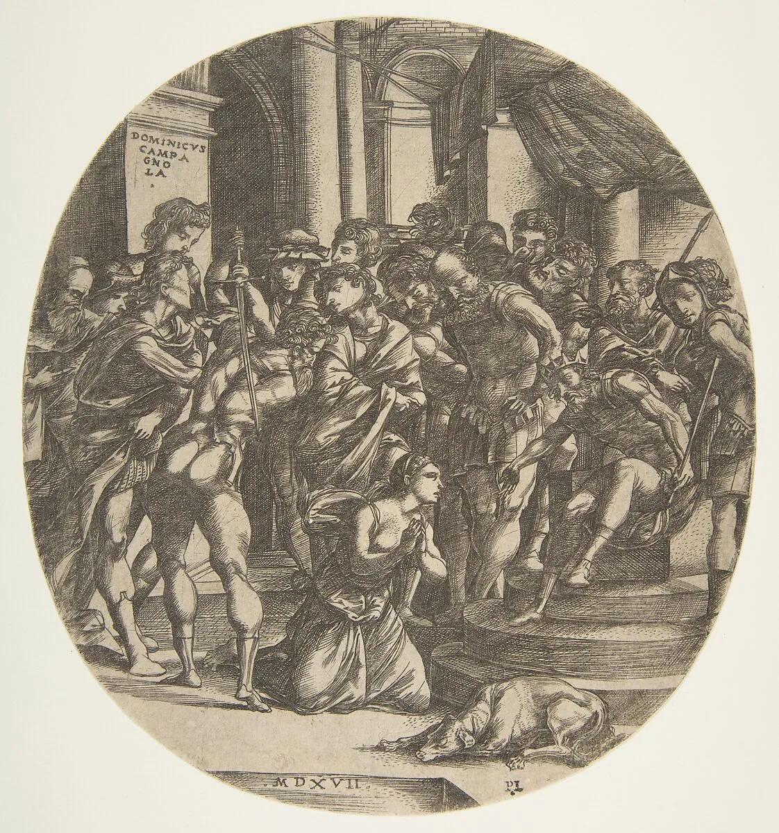 Female figure (Saint Catherine?) kneeling on the ground at center pleading to a male figure (Maximus?) who wears a crown and is seated on a throne at right; at left a figure with raised sword about to strike the woman; a group of figures looking on in the background — Domenico Campagnola