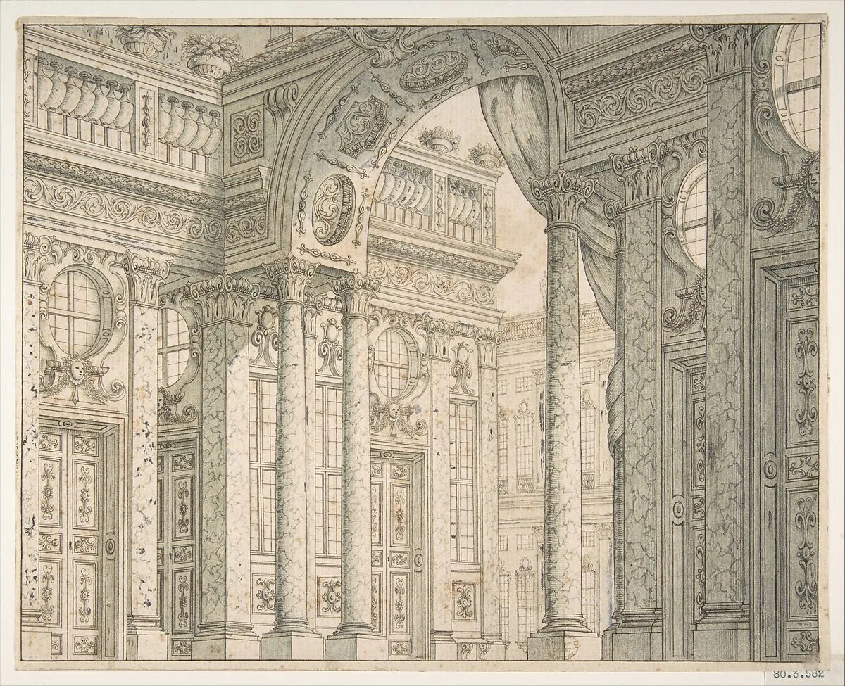 Design of a Perspective for a Stage Set with Courtyard and Triumphal Arch. — Ferdinando Galli Bibiena