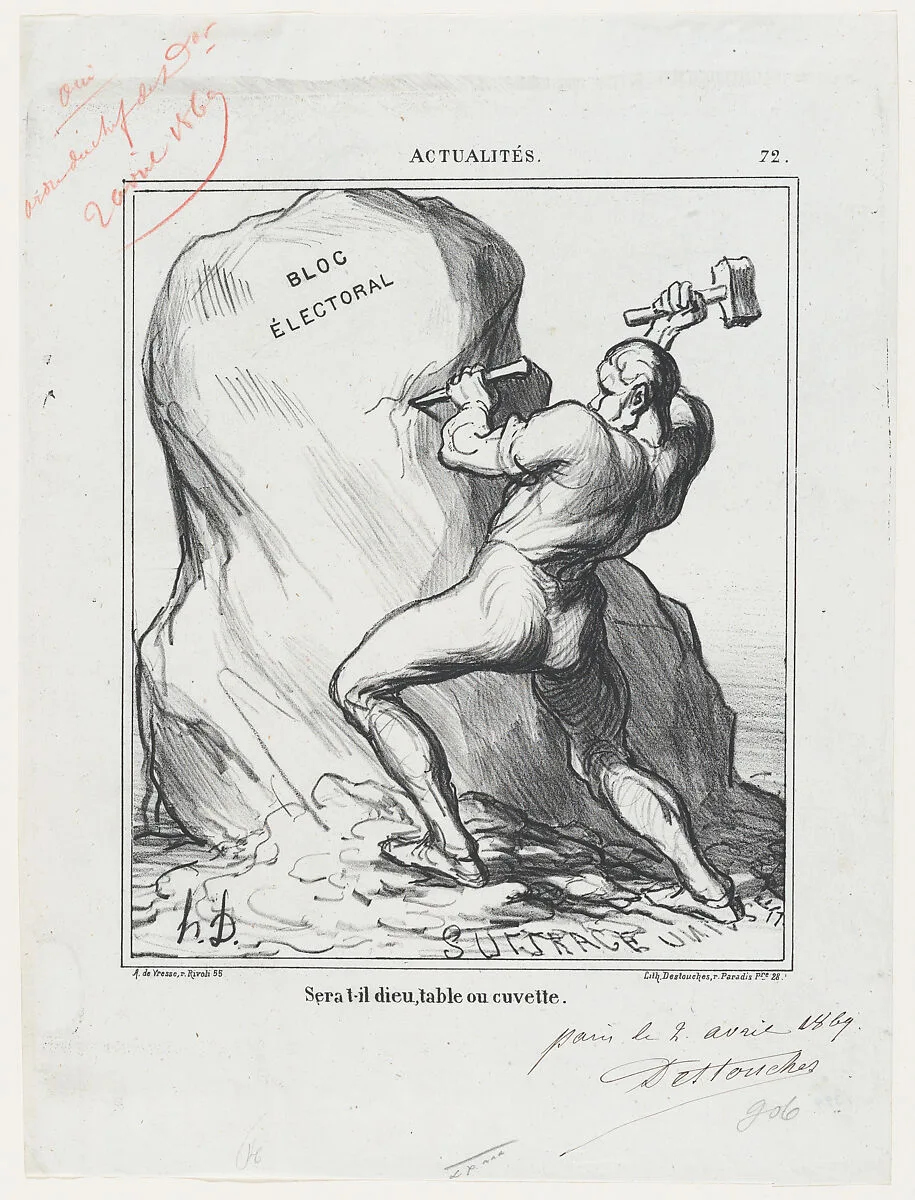 Will he be God, a table, or a basin?, from 'News of the day,' published in Le Charivari, April 12, 1869 — Arnaud de Vresse|Honoré Daumier|Destouches