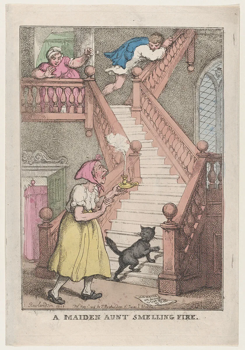 A Maiden Aunt Smelling Fire — Rudolph Ackermann, London|Thomas Rowlandson