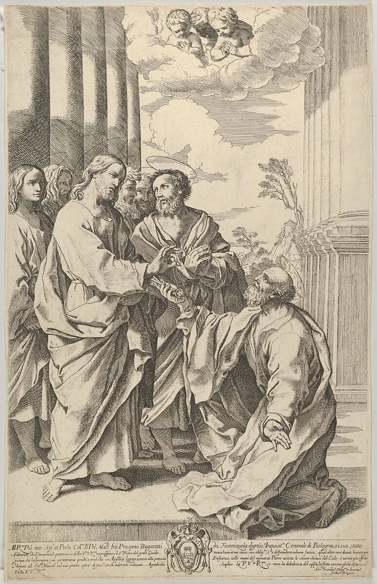 Christ giving the keys of the church to Saint Peter who kneels before him, after Guido Reni — Gian Battista Bolognini|Guido Reni