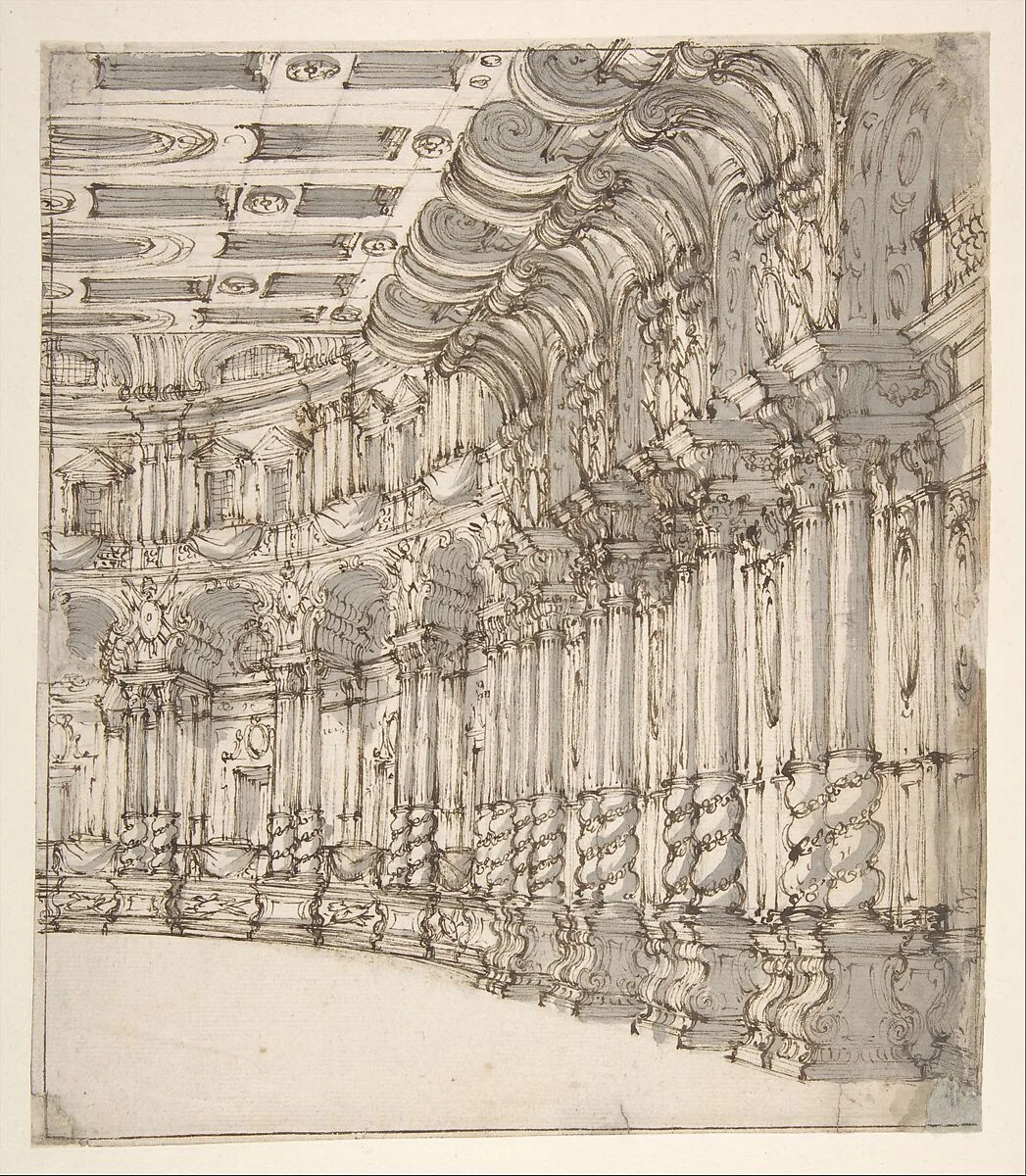 Design for a Stage Set: Interior of a Ballroom or Theater with Torqued Columns and Large Volutes Above. — Francesco Galli Bibiena