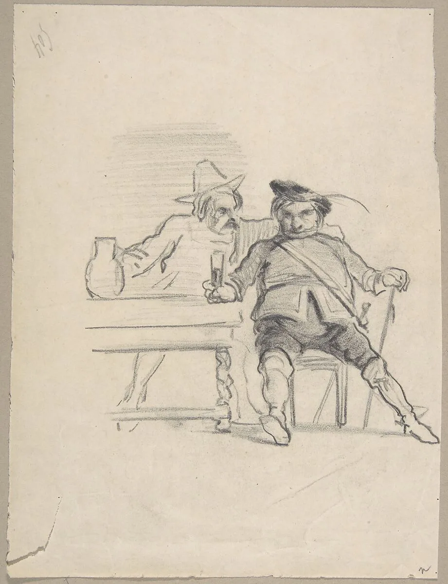 Two male figures seated at a table, drinking — Félicien Rops