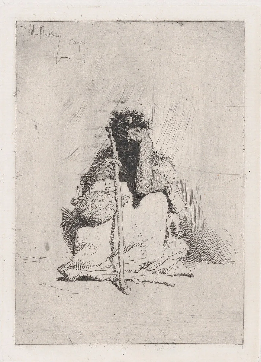 A beggar, seated on the ground holding a stick — Mariano Fortuny, 1838–1874