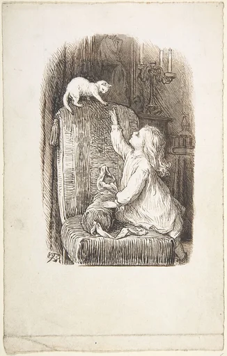 Child Climbing a Chair to Reach for a Kitten