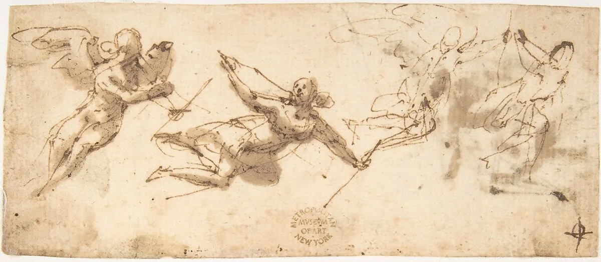 Four Flying Angels (recto); Two Flying Figures (verso) — Francesco Allegrini