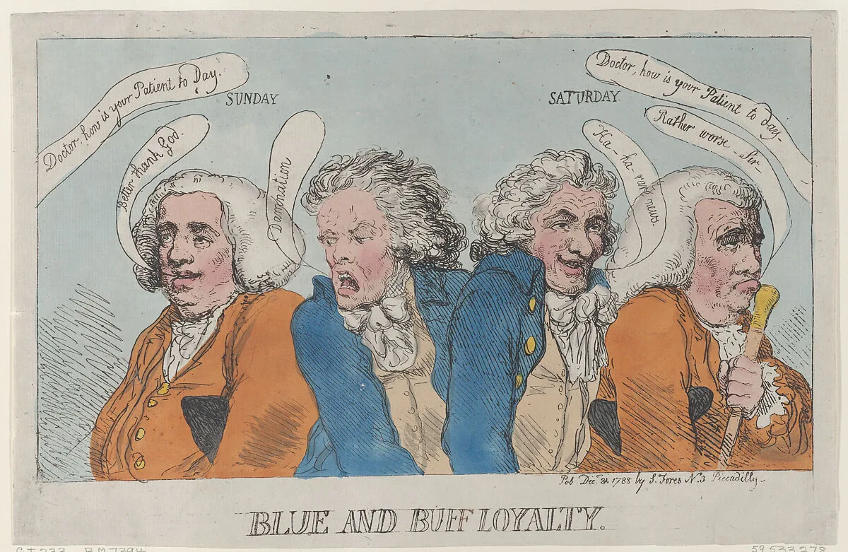 Blue and Buff Loyalty — Francis Willis, D.D., M.D.|Richard Brinsley Sheridan|S. W. Fores|Thomas Rowlandson