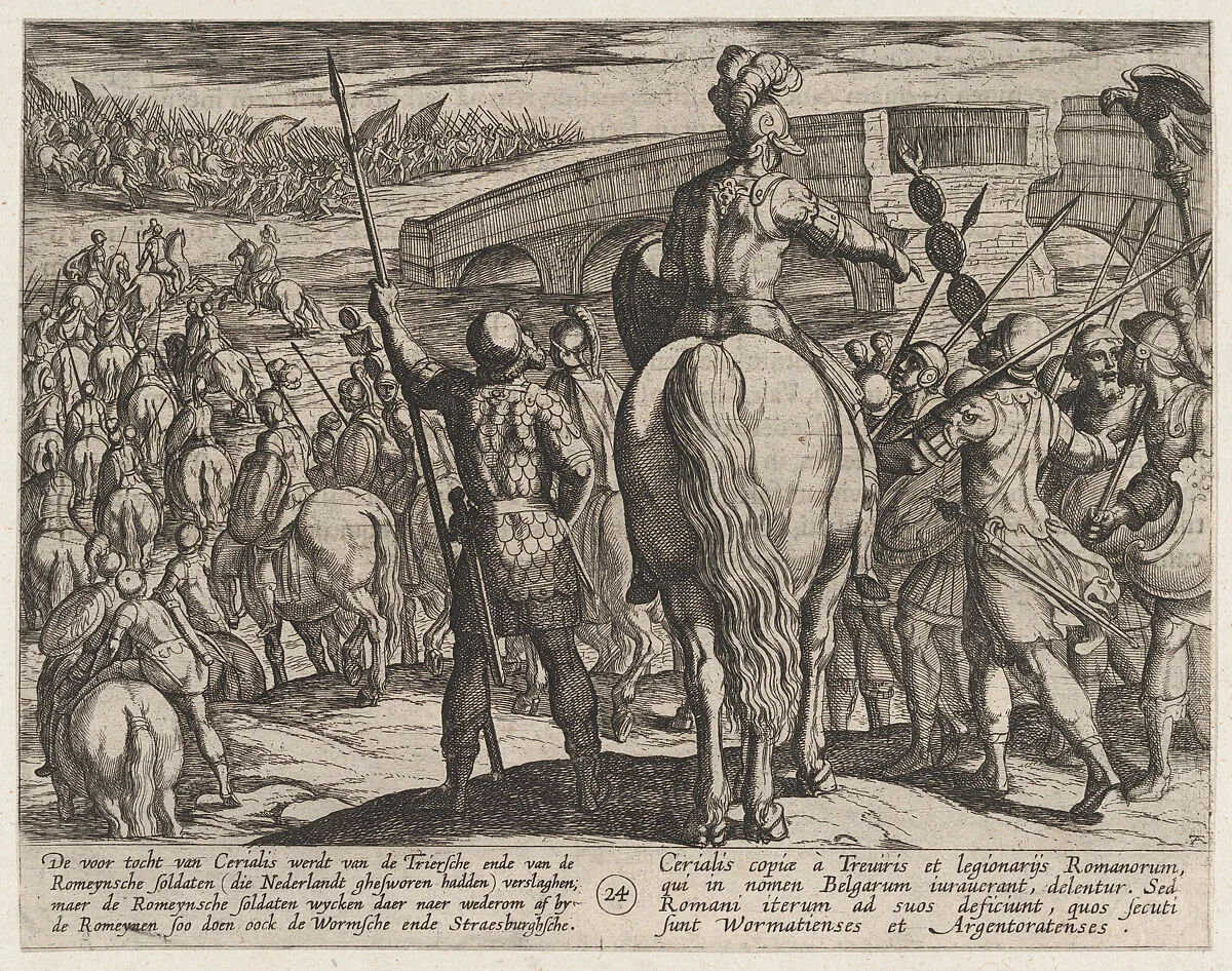 Plate 24: The Advance Guard of the New Roman Troops Turned Back, from The War of the Romans Against the Batavians (Romanorvm et Batavorvm societas) — Antonio Tempesta|Otto van Veen