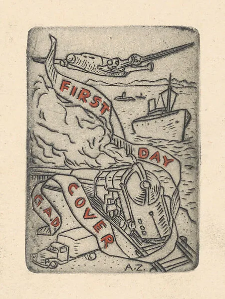 A boat, a truck, a train, and an airplane with a ribbon that reads 'First Day Cover G.A.D.' — Alfredo Zalce