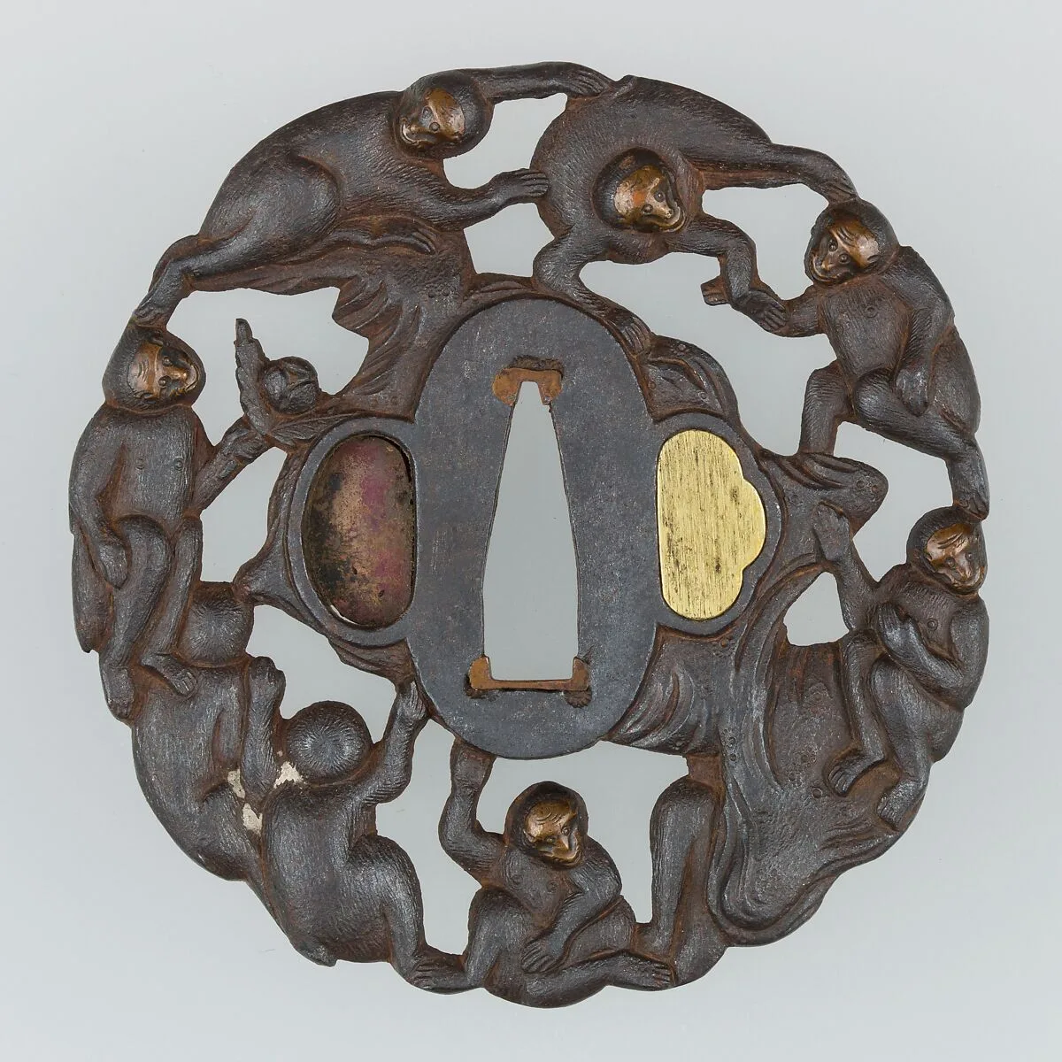 Sword Guard (<i>Tsuba</i>) Depicting Group of Monkeys in a Peach Tree (猿猴摘桃透鐔) — Unknown
