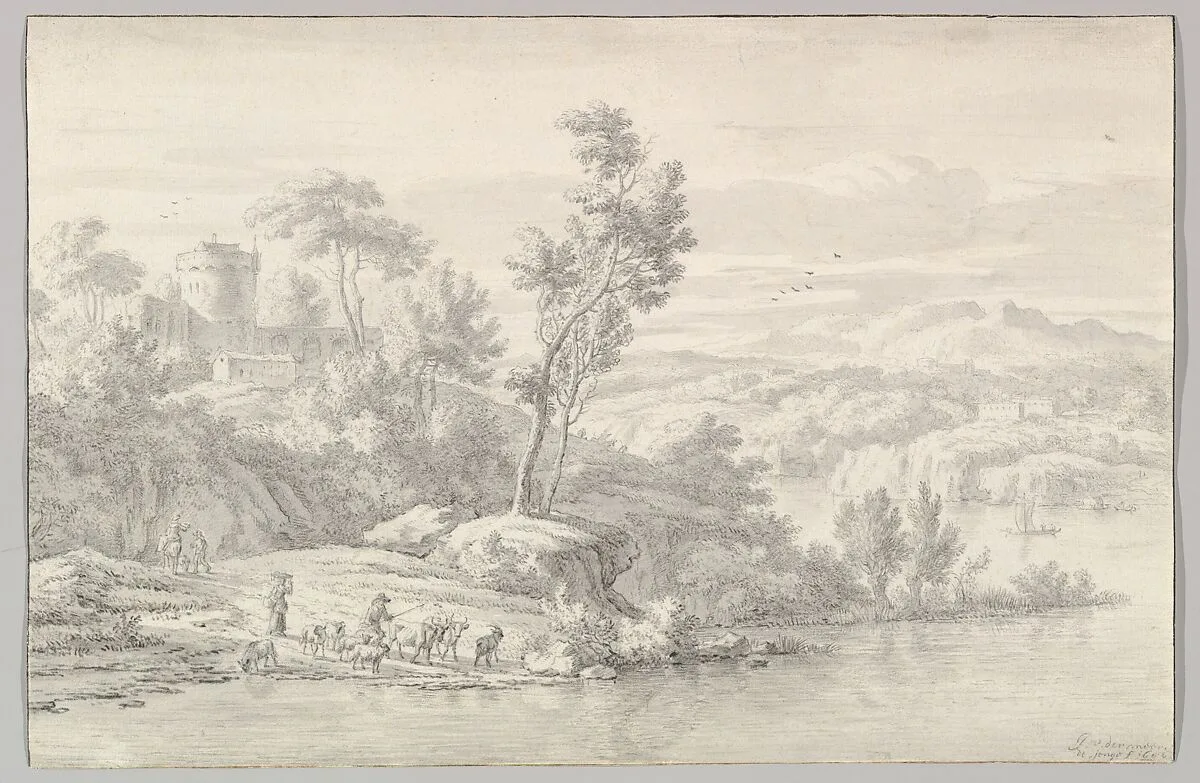 Southern Landscape with Figures and Cattle at a River — Jan van der Meer the Younger