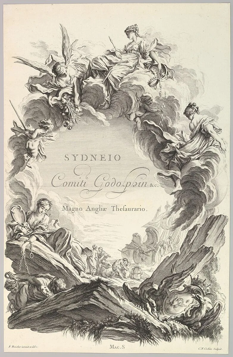 Frontispice pour le "Tombeau du comte Sidney Godolphin" (Frontispiece for the "Tomb of Earl Sidney Godolphin"), from Tombeaux des Princes, des Grands Capitaines et autres Hommes illustres (Tombs of Princes, Great Captains, and other Illustrious Men) — François Boucher|Eugene MacSwiny|Charles Nicolas Cochin II