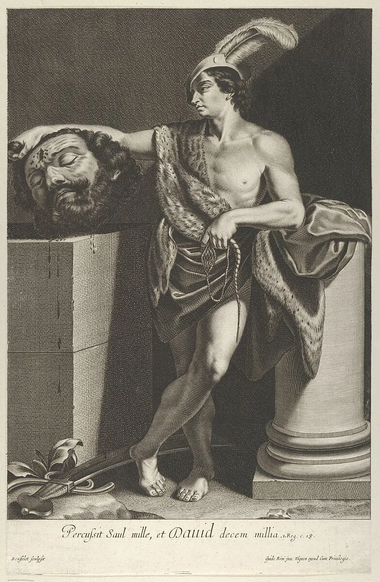 David standing with crossed legs and holding the head of Goliath on a pedestal at left, a sword on the ground, after Reni — Guido Reni|Gilles Rousselet|Claude Vignon