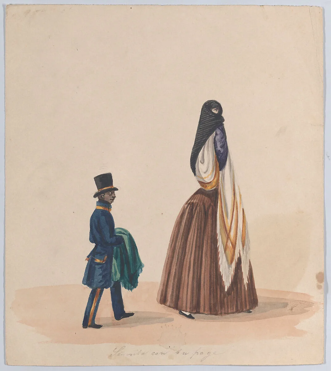 An elegantly dressed woman and her page, from a group of drawings depicting Peruvian dress — Francisco (Pancho) Fierro